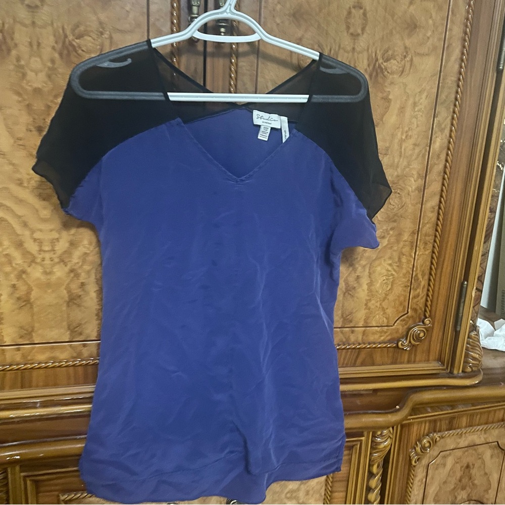 Blue and Black V-Neck Blouse